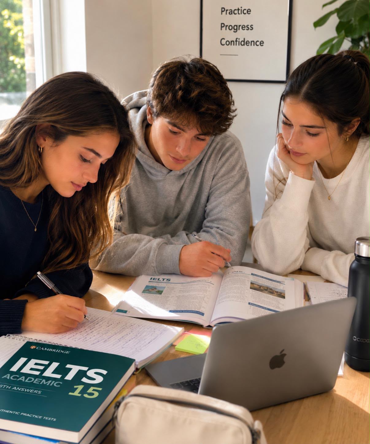 Três alunos a estudar em torno de uma mesa com manuais de preparação IELTS e um computador portátil